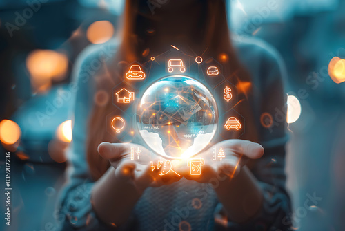 Wallpaper Mural  A woman holding a glowing ball of light, surrounded by floating material objects like money, a car, and a house. Torontodigital.ca