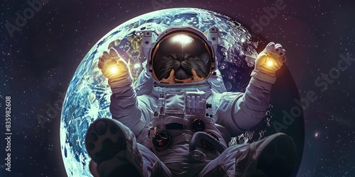 a image of a man in a space suit sitting in front of a planet