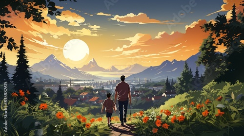 A father teaching his son how to ride a bike in a quiet suburban neighborhood, filled with pride and encouragement. Painting Illustration style, Minimal and Simple, photo