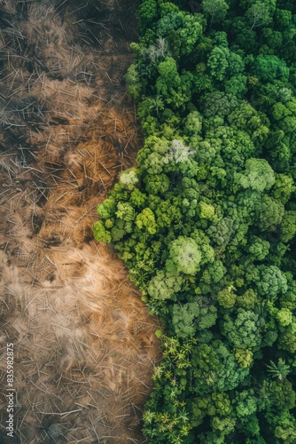 A dramatic aerial view of deforestation contrasting lush green rainforest and barren land, highlighting environmental impact and ecological imbalance.