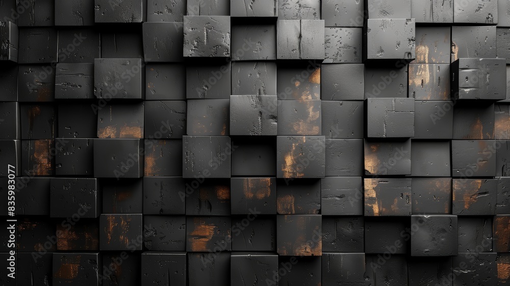 Abstract geometric background with black and rusty cubes. Modern 3D design with an industrial texture and grid pattern. Abstract geometric background with black and rusty cubes. Modern 3D design with an industrial texture and grid pattern.