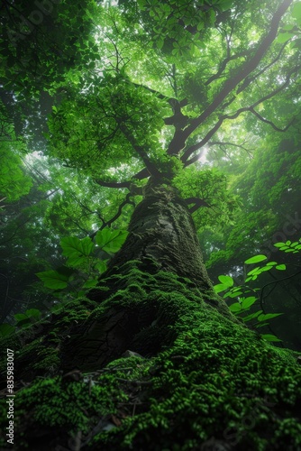 Majestic view from the base of a tall tree in a dense  lush green forest with sunlight filtering through the leaves.