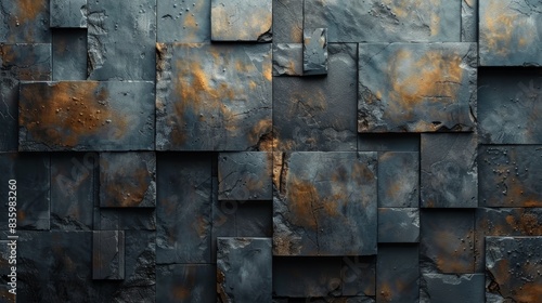 Abstract grunge metal background with rusty textures and overlapping geometric panels  creating a rugged and industrial visual aesthetic.