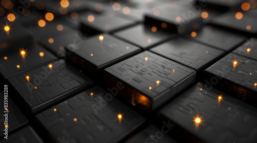 Abstract image of black microchips with glowing gold lights representing advanced technology and digital circuits. photo