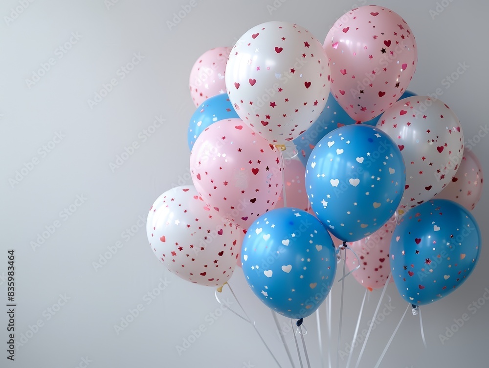 A cluster of blue, pink, and white balloons with hearts printed on them against a white wall. A cluster of blue, pink, and white balloons with hearts printed on them against a white wall.