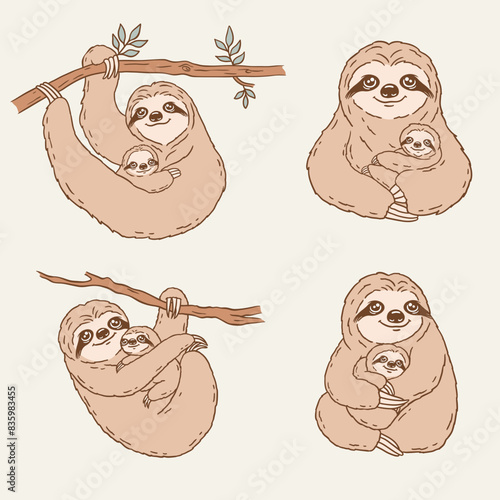 set of mom and baby sloth characters, vector cartoon