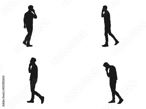 Happy man walking and talking with mobile phone silhouettes. Working businessman with cell phone, vector silhouette. Call center. Black color vector illustration isolated on white background.