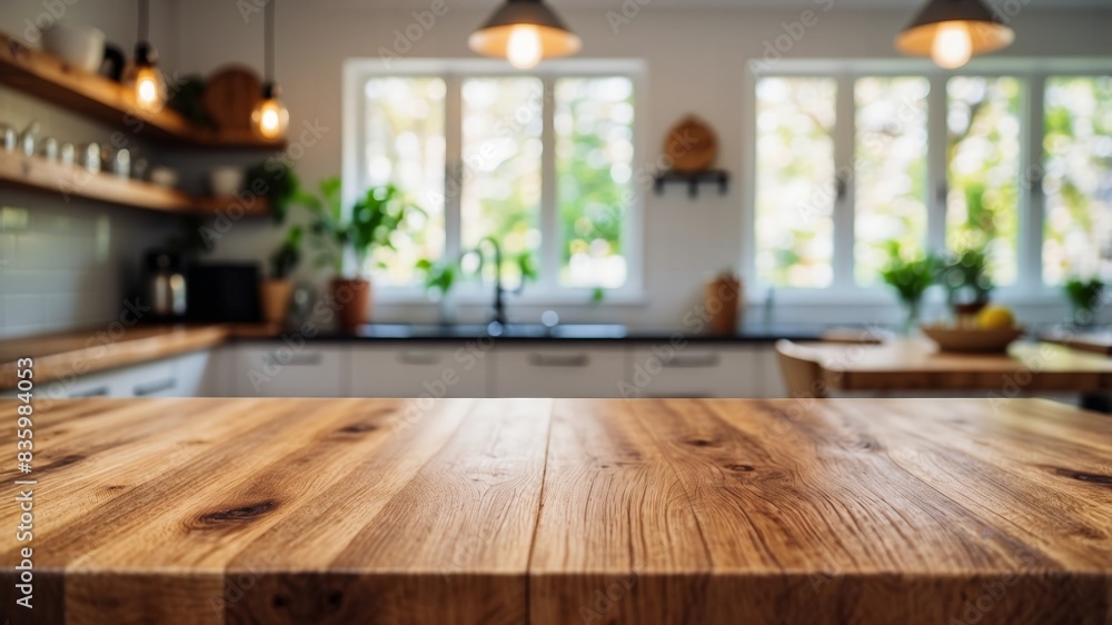 empty beautiful wood table top counter and blur bokeh