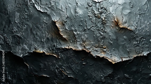 Close-up of a textured, peeling, dark painted surface resembling abstract art with rugged details and contrasting shades.