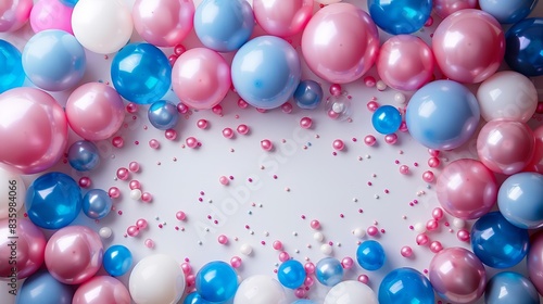 A festive background of blue, pink and white balloons with confetti. Perfect for birthday, baby shower or party celebrations.