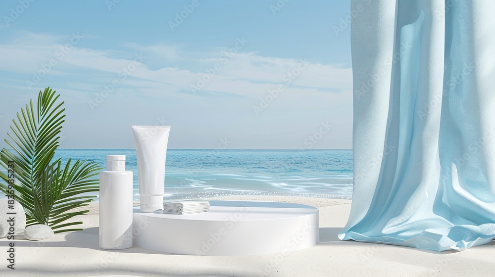 Fototapeta premium 3d minimal cosmetic ad for summer skincare products. Toner bottle mockup with arch door and blue crystal glass cubes