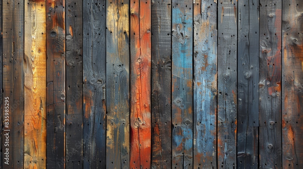 A weathered wood fence with different colors of wood planks. A weathered wood fence with different colors of wood planks.