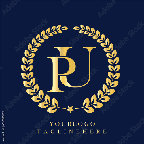 gold laurel wreath logo. PU letter logo creative design with vector graphic, PU unique design