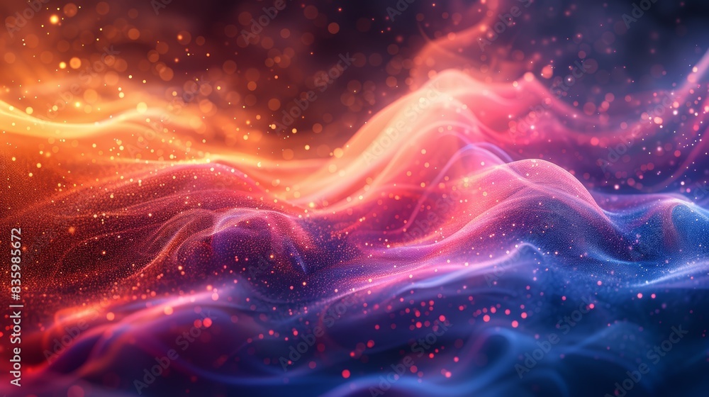 Vibrant abstract waves of red, orange, and blue with sparkles creating a dynamic, colorful background for digital or print design. Vibrant abstract waves of red, orange, and blue with sparkles creating a dynamic, colorful background for digital or print design.