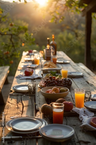 Bountiful evening banquet with wine  fresh fruits  and bread on a rustic table  highlighting the lush  abundant nature of the farm-to-table celebration at sunset. Rural prosperity concept.