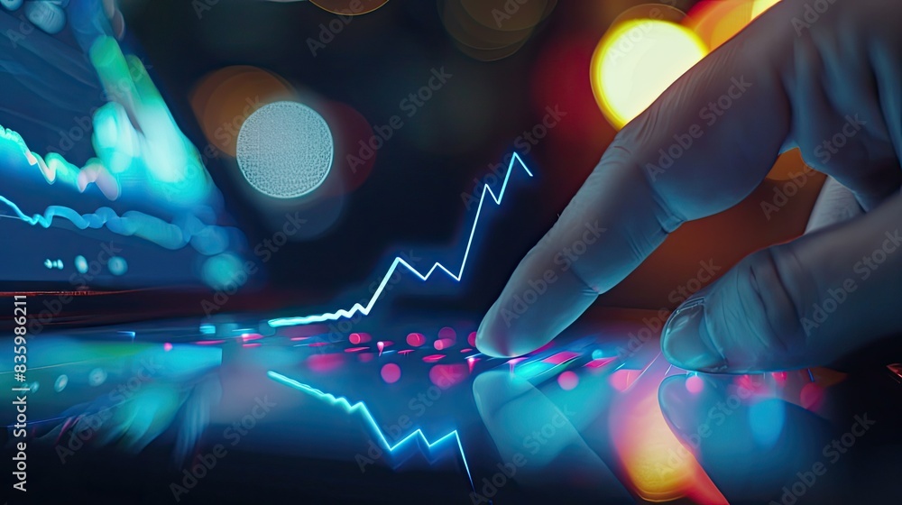 Close-up of a hand pointing to a rising line graph on a digital tablet. Close-up of a hand pointing to a rising line graph on a digital tablet.