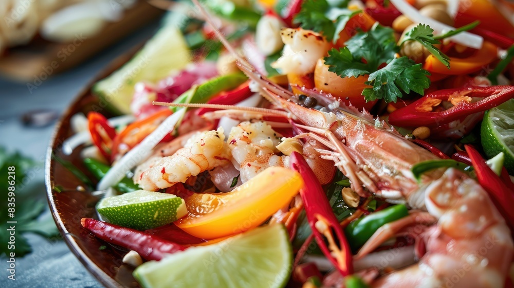 Close-up of a colorful som tam talay ruam dish with a mix of seafood, chili peppers, and lime slices. Close-up of a colorful som tam talay ruam dish with a mix of seafood, chili peppers, and lime slices.