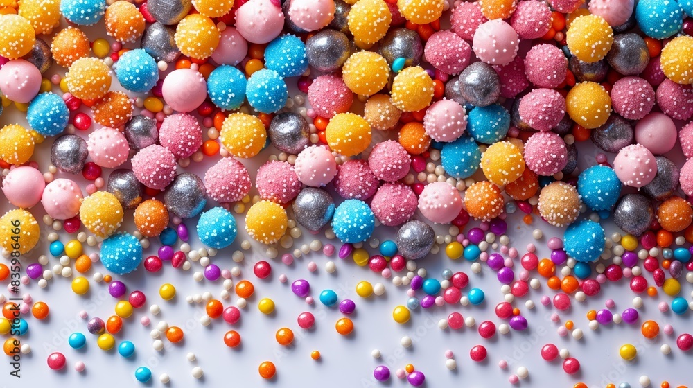 Fototapeta premium Colorful candy balls scattered on a white surface, showcasing vibrant colors with sparkly textures, perfect for festive and cheerful themes.