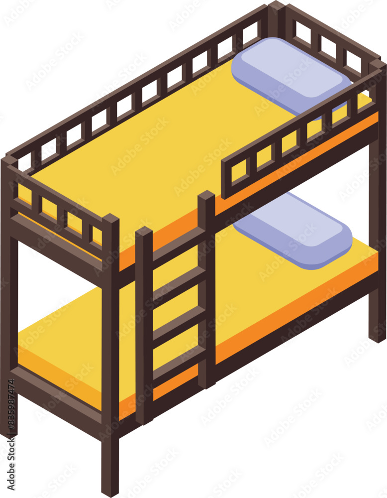 3d isometric illustration showcasing a wooden bunk bed with mattresses and ladder 3d isometric illustration showcasing a wooden bunk bed with mattresses and ladder