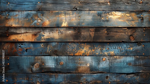 Distressed wood plank background with blue, brown, and gold tones. Rustic texture perfect for design projects.
