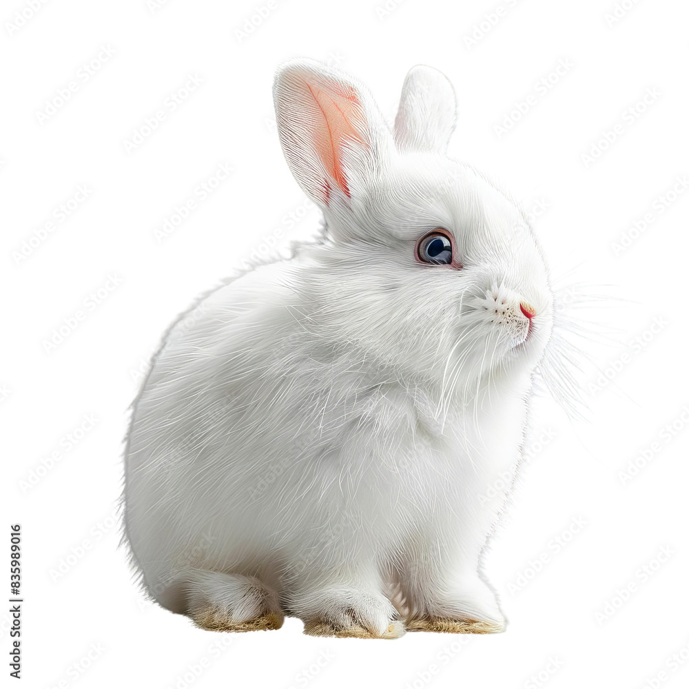 A cute white bunny with fluffy fur, sitting against a white background, looking to the side with curious blue eyes. A cute white bunny with fluffy fur, sitting against a white background, looking to the side with curious blue eyes.