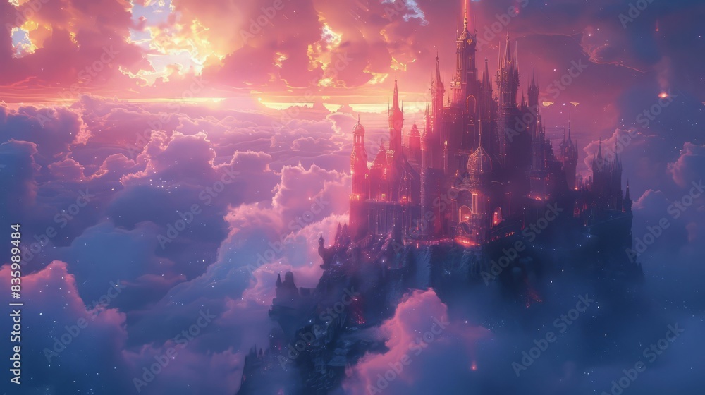 A majestic castle perches atop a cloud, bathed in the warm glow of a setting sun, casting long shadows across the ethereal landscape. A majestic castle perches atop a cloud, bathed in the warm glow of a setting sun, casting long shadows across the ethereal landscape.