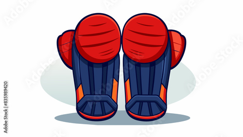 A batsman's pads, worn and scuffed, resting on a stark white background.
