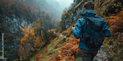 A hiker with a backpack walks through a misty forest. photo