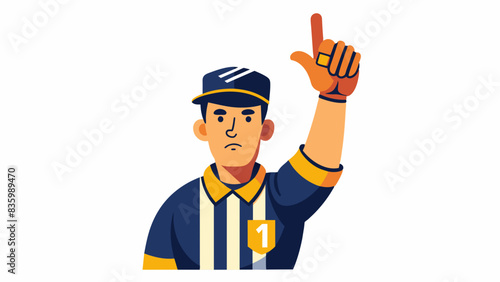 An umpire's finger raised in a dubious decision, against a stark white backdrop.
