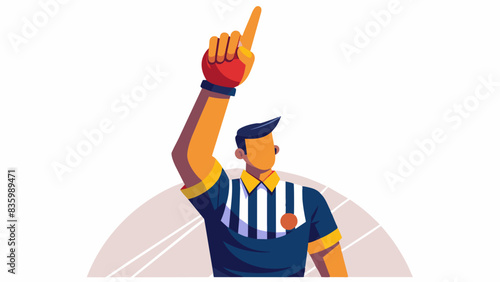 An umpire's finger raised in a dubious decision, against a stark white backdrop.
