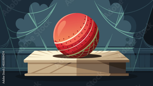 A cricket ball covered in cobwebs, resting on a dusty white shelf.
