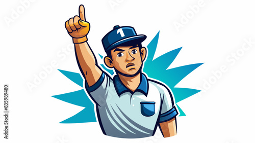 An umpire's finger raised in a dubious decision, against a stark white backdrop.
