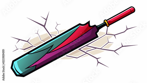 A cricket bat snapped in half, lying on a cracked white surface.
