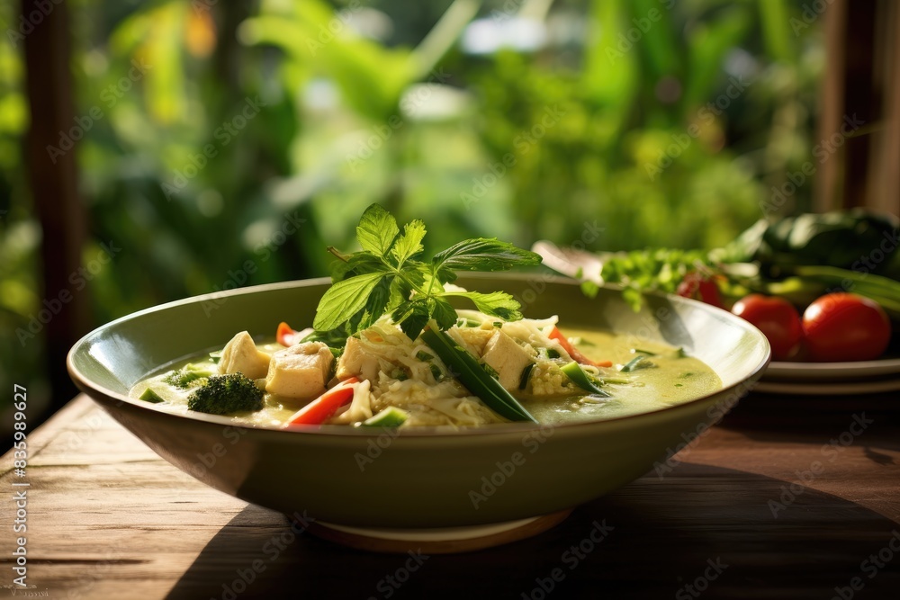 Thai green curry in a village surrounded by lush tropical greenery. Thai green curry in a village surrounded by lush tropical greenery.