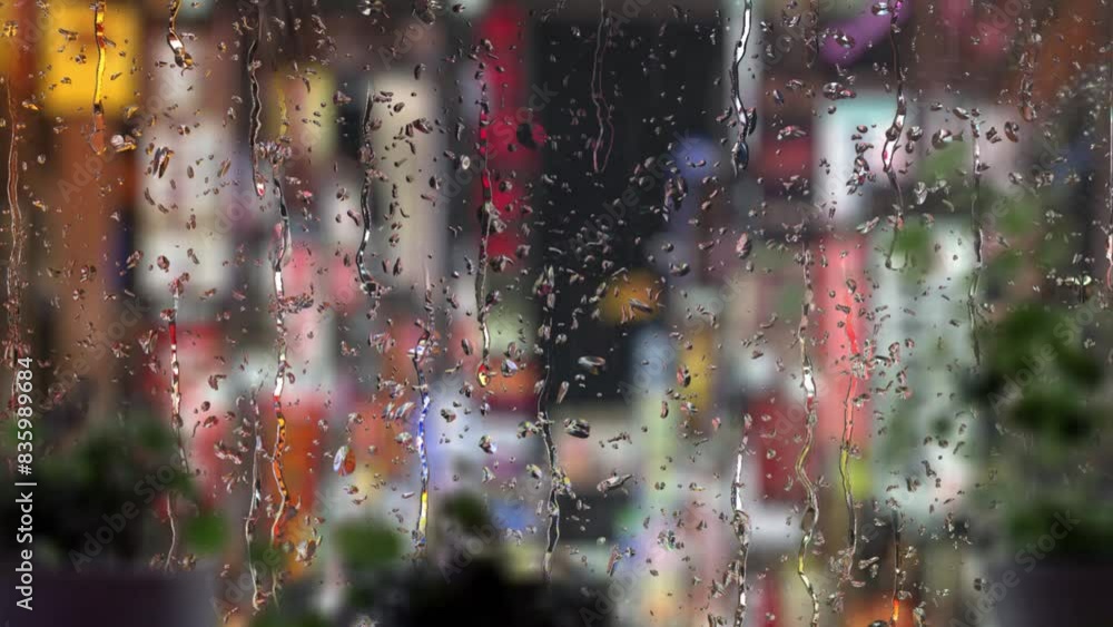 ガラス越し繁華街と雨のループ素材 ガラス越し繁華街と雨のループ素材