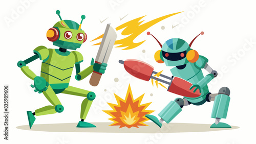 A cricket match played by robots, with sparks flying as they collide on a white background.
