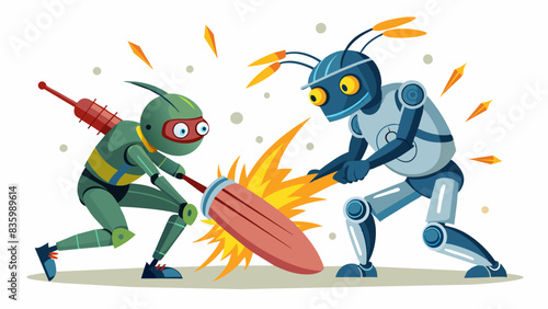 A cricket match played by robots, with sparks flying as they collide on a white background.
