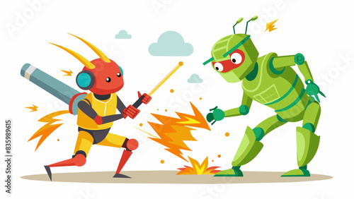 A cricket match played by robots, with sparks flying as they collide on a white background.

