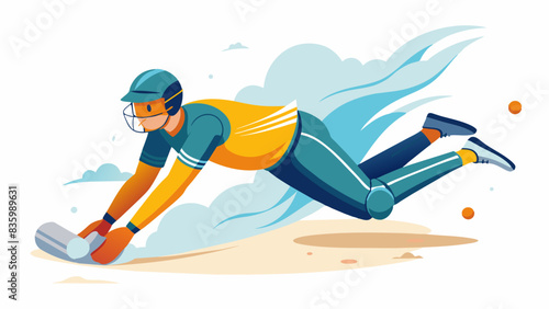 A batsman dives full length to reach the crease, dust billowing around them, just as the bails fly of