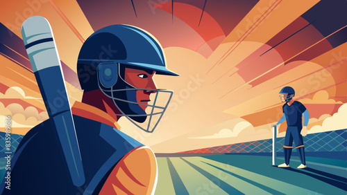 The sunlight glints off the batsman's helmet as they square up to the bowler, the tension palpable.