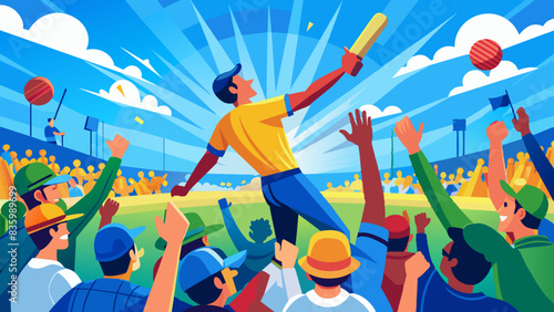 The crowd erupts in a wave of cheers as the batsman smashes a six, the ball disappearing into the bright blue sky