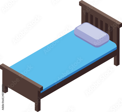 Isometric single bed illustration with modern. Stylish. And contemporary furniture for cozy and comfortable bedroom decor in a minimalistic. Spacesaving apartment interior design. Featuring bedding