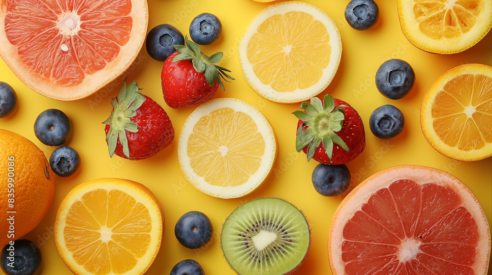 Colourful flat lay view sliced fruits and vegetables on yellow background. Colourful flat lay view sliced fruits and vegetables on yellow background.