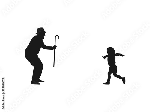 little girl running to hug her grandfather silhouettes vector.  Flat vector illustration. Little girl running into arms of her grandpa. Black color vector illustration isolated on white background.