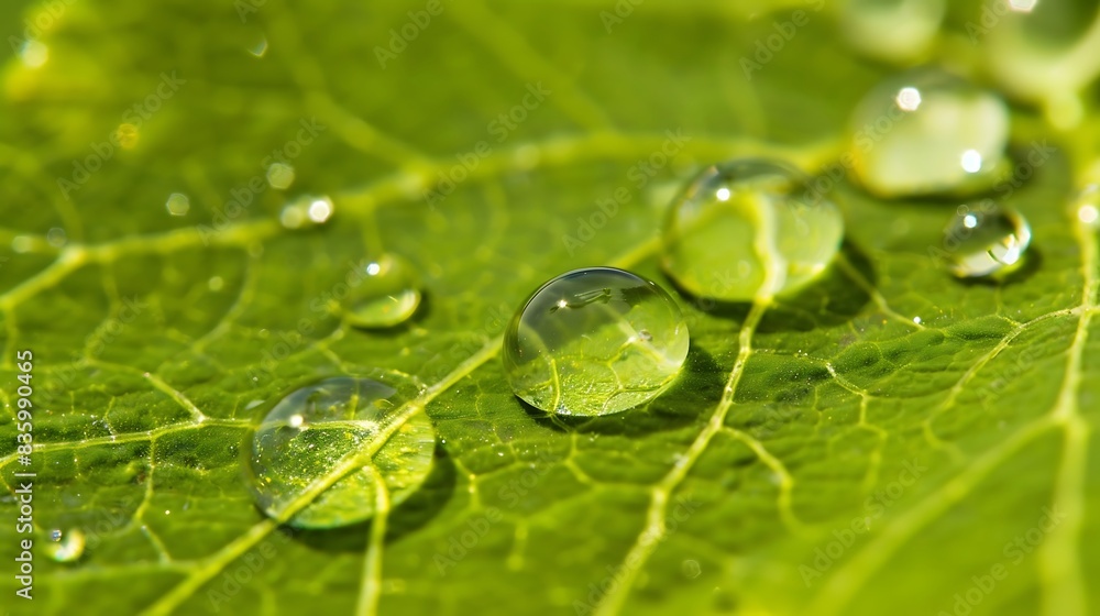 Close-up of sparkling water droplets on a vibrant green leaf. Close-up of sparkling water droplets on a vibrant green leaf.