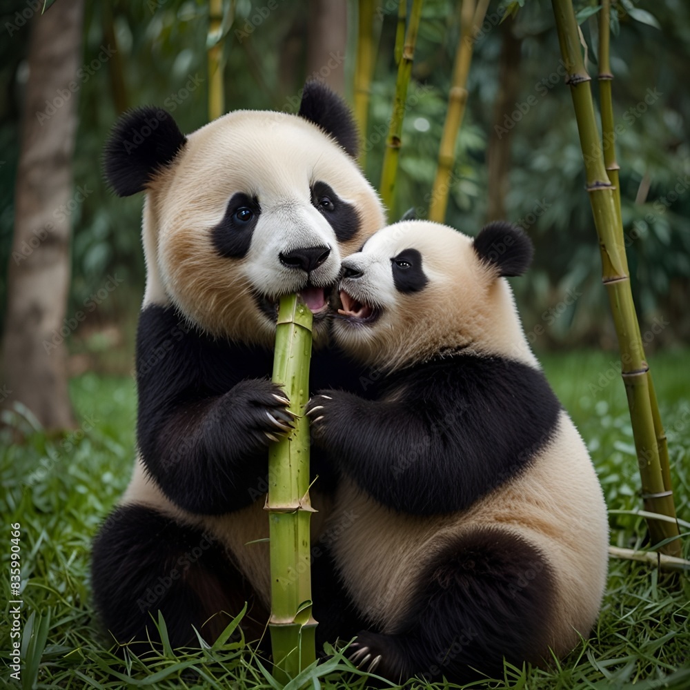 Obraz premium Pandas eating bamboo trees