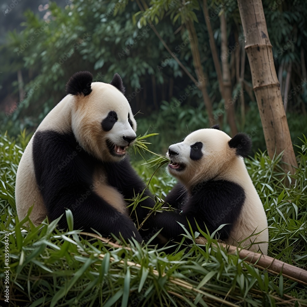 Obraz premium Pandas eating bamboo trees