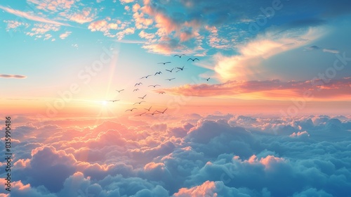 A breathtaking view of birds flying in formation through a sea of clouds as the sun sets behind them, casting a warm glow across the sky