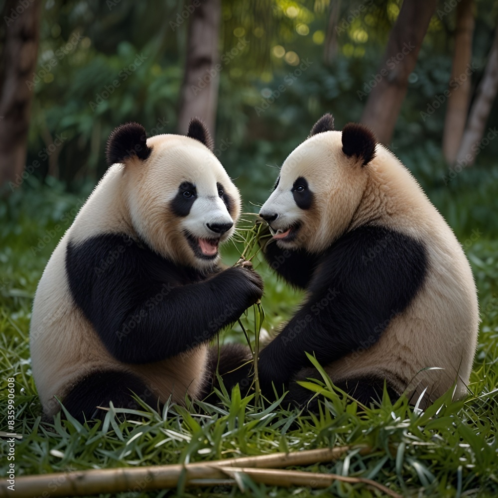 Fototapeta premium Pandas eating bamboo trees