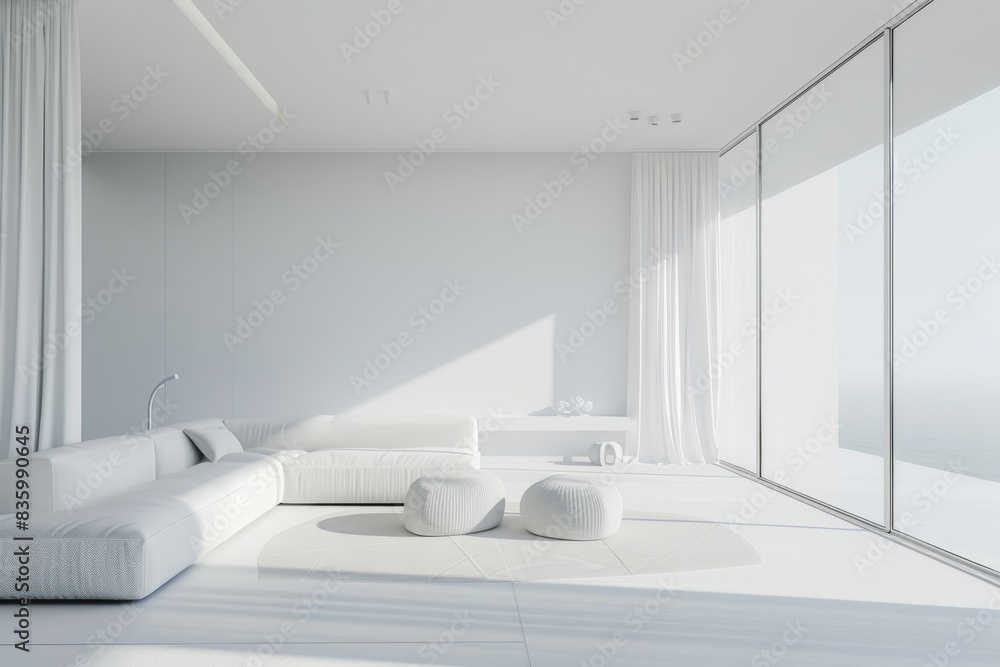 A minimalist living room with a white sectional sofa, two white ottomans, and large windows A minimalist living room with a white sectional sofa, two white ottomans, and large windows